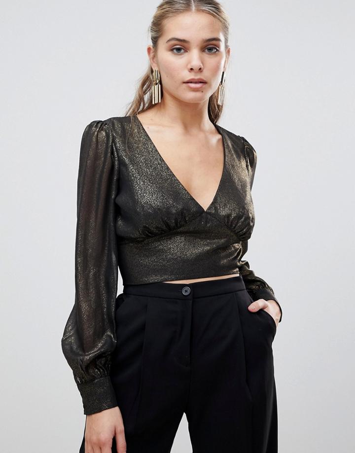 Fashion Union Cropped Blouse In Metallic - Gold