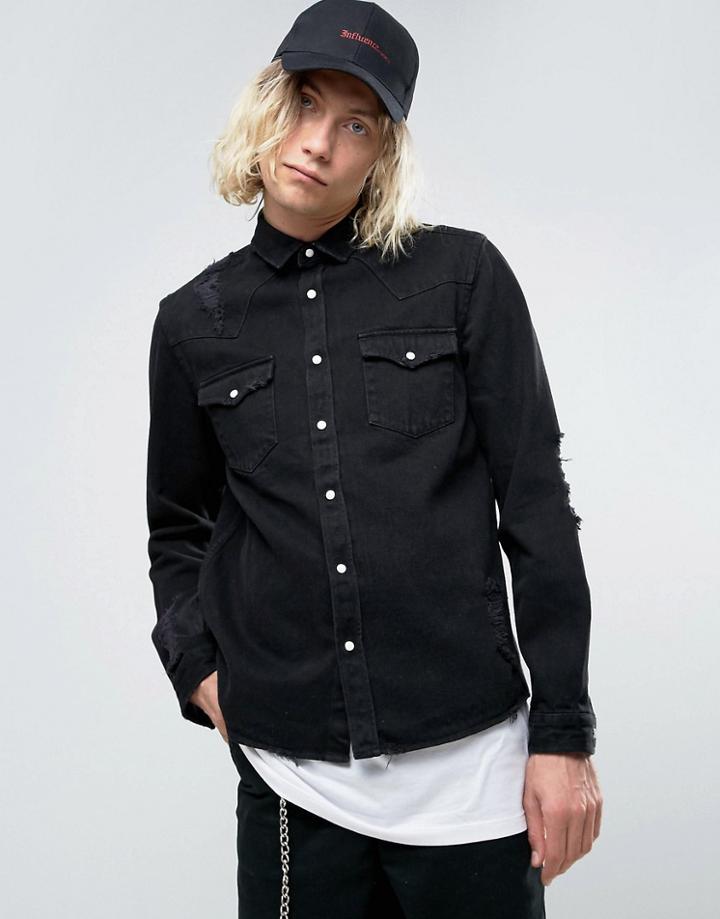 Asos Oversized Heavily Distressed Denim 13.5oz Western Shirt In Black - Black
