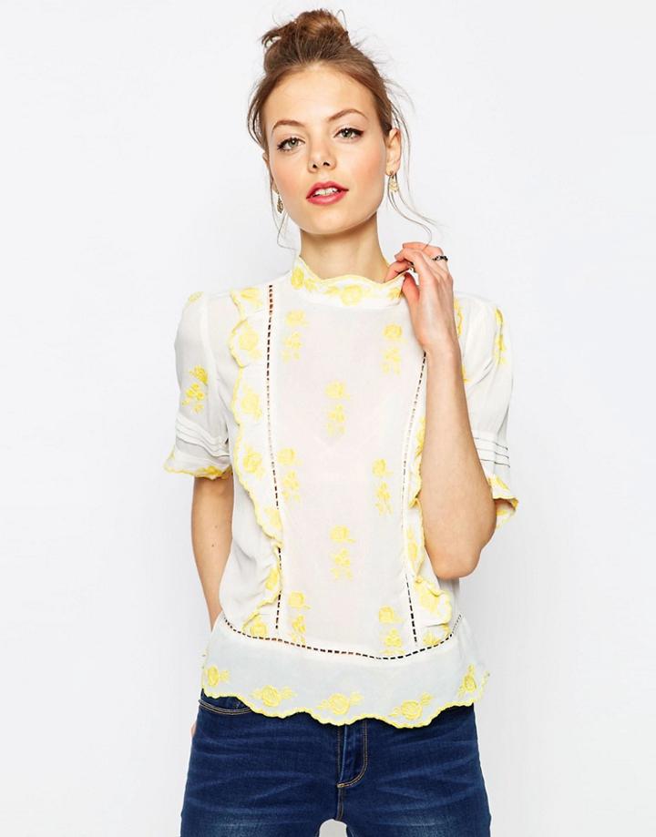 Asos Pretty Embroidered High Neck Blouse - Cream
