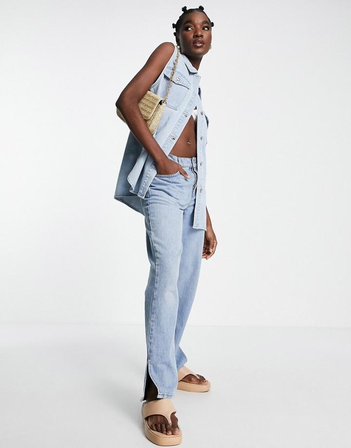 Vero Moda Sleeveless Denim Jacket In Bleach Wash-blue