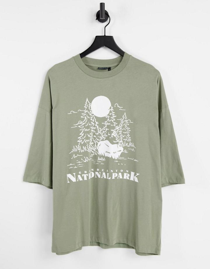 Asos Design Oversized T-shirt In Khaki Organic Cotton With Mountain Line Drawing Print-green