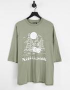 Asos Design Oversized T-shirt In Khaki Organic Cotton With Mountain Line Drawing Print-green