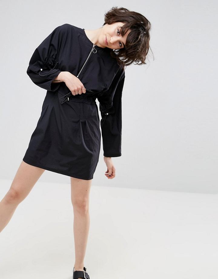 Asos 80s Ruched Detail Zip Through Mini Dress - Black