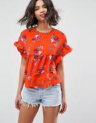 Asos Smock Top With Ruffle Sleeve In Orange Floral - Multi
