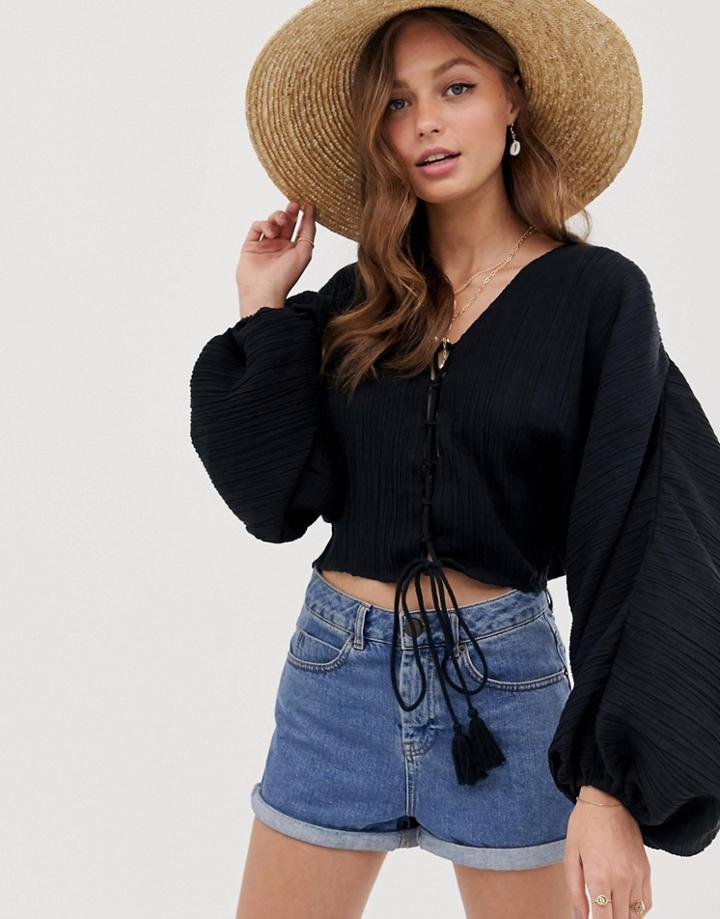 Asos Design Long Sleeve Top In Natural Crinkle With Tie Front Detail-black