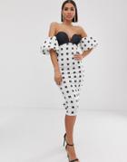 Asos Design Mono Grid Puff Sleeve Midi Dress - Multi