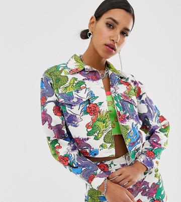Jaded London Cropped Oversized Denim Jacket In Dragon Print Two-piece-white
