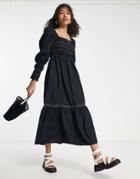Topshop Contrast Shirring Casual Midi Dress In Black