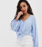 Asos Design Petite Long Sleeve Button Front Top With Tie Detail-blue