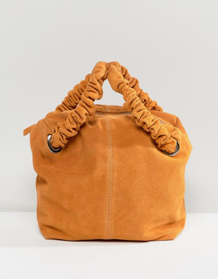 Asos Design Suede Zip Top Tote Bag With Ruched Handle - Tan