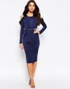 Asos Drape Metal Bar Midi Slinky Cold Shoulder Dress - Navy