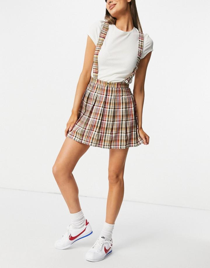 Asos Design Pinafore With Pleated Skirt In Red Check Print-multi