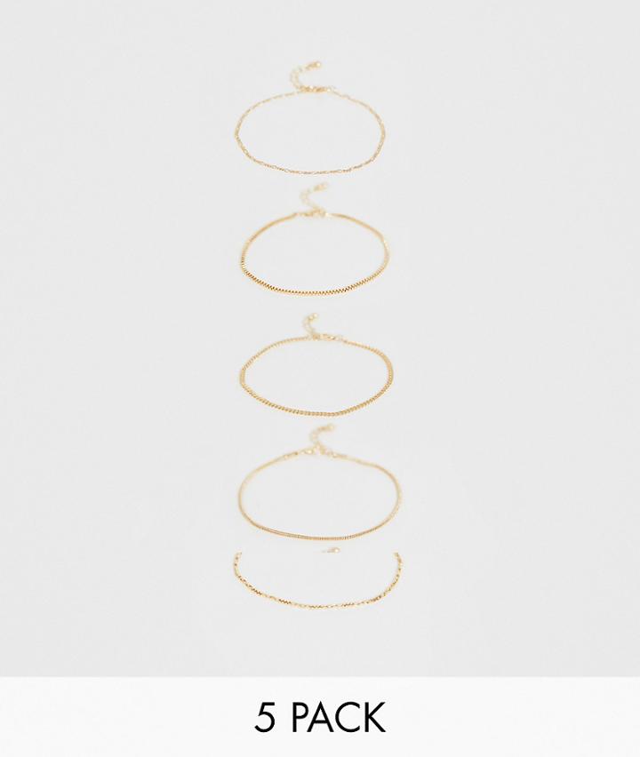Asos Design Skinny Mixed Chain Bracelet Pack In Gold - Gold