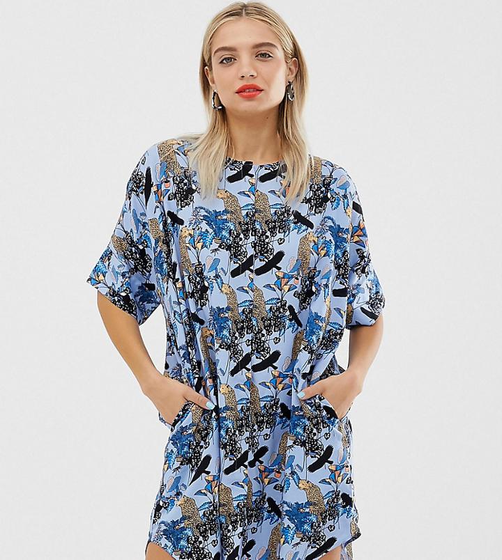 Monki Jungle Print Oversized Mini Dress In Blue - Blue