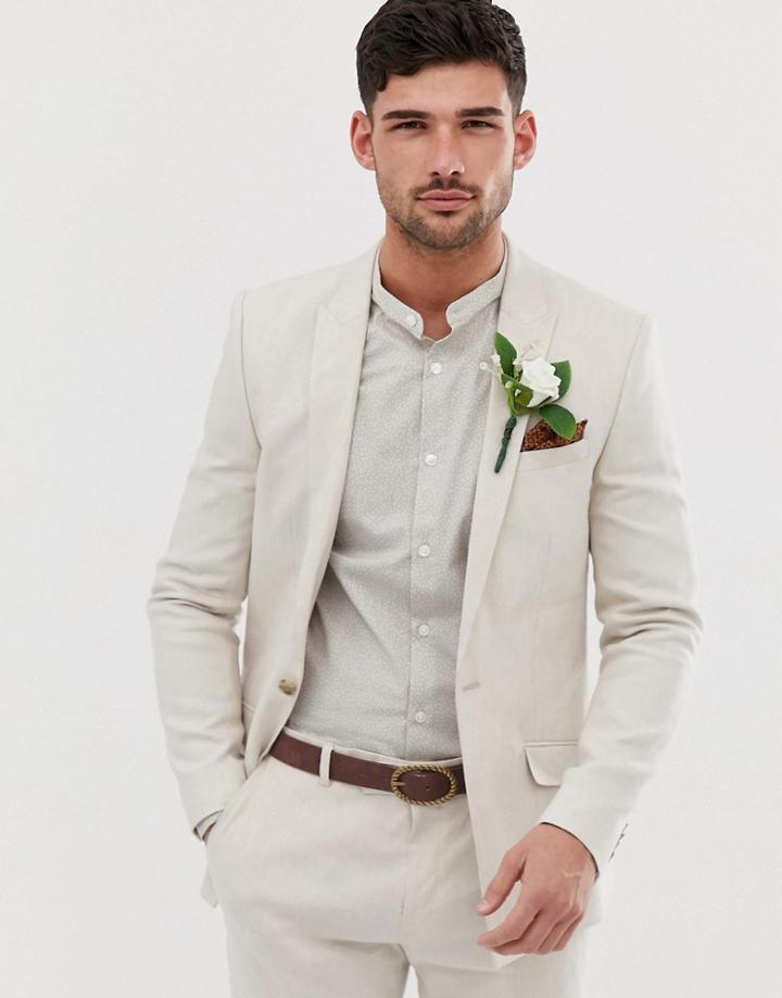 River Island Wedding Skinny Linen Suit Jacket In Ecru - Cream