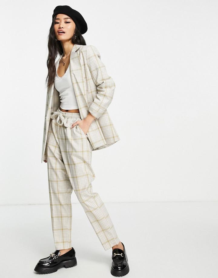 Miss Selfridge Straight Leg Tailored Joggers In Stone Check - Part Of A Set-neutral