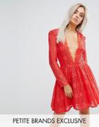 John Zack Petite Allover Geo Lace Full Prom Skater Dress With Plunge Front - Red