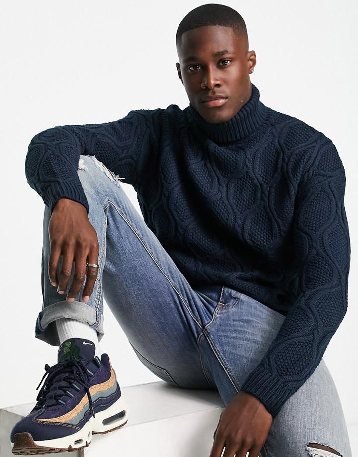 Asos Design Textured Cable Knit Roll Neck Sweater In Navy