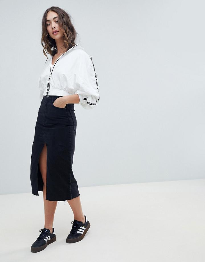 Pull & Bear Split Front Midi Skirt In Black - Black