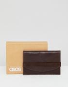 Asos Design Leather Card Holder In Brown With Vintage Finish And Elastic - Brown