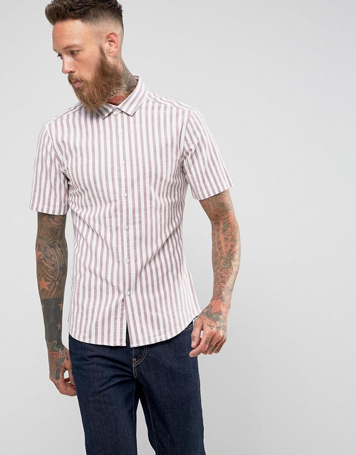 Asos Skinny Stripe Shirt In Burgundy - Red