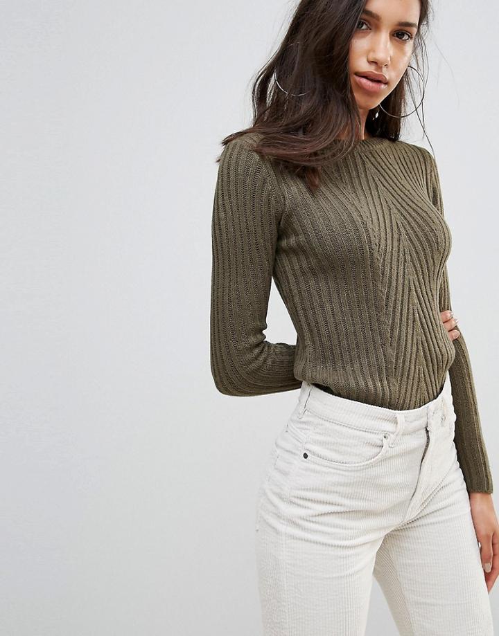 Brave Soul Rosa Ribbed Crew Neck Sweater - Green
