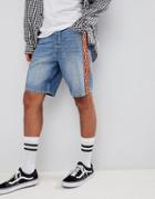 Asos Design Denim Shorts In Skater Fit With Geo-tribal Side Stripe - Blue