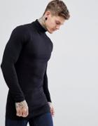 Asos Long Sleeve Longline Muscle Roll Neck T-shirt With Curve Hem - Black