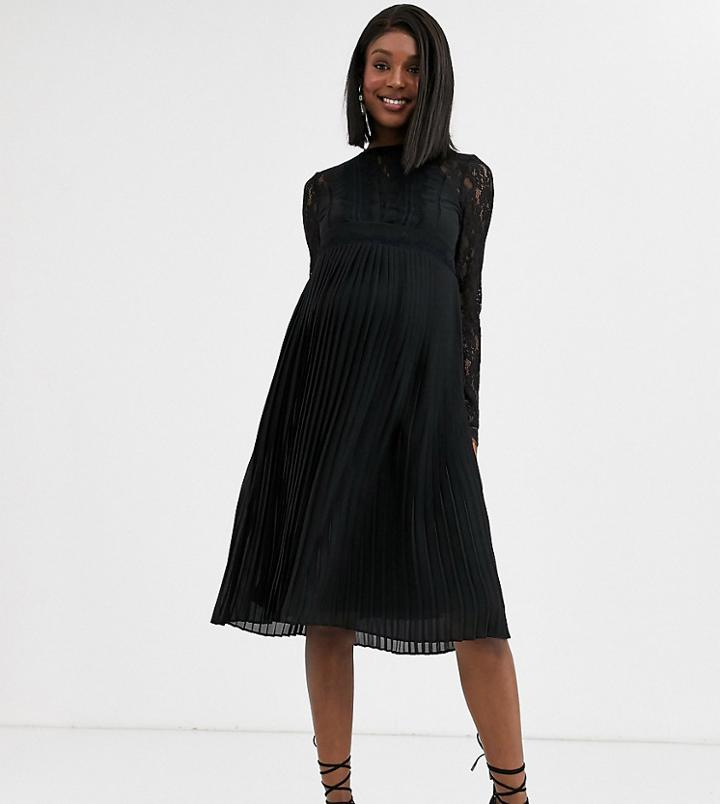 Tfnc Maternity Bridesmaid High Neck Long Sleeve Pleated Midi Dress With Lace Inserts In Black