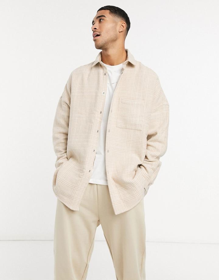 Asos Design Wool Mix Extreme Oversized Check Shirt In Tonal Beige With Snap Buttons-neutral