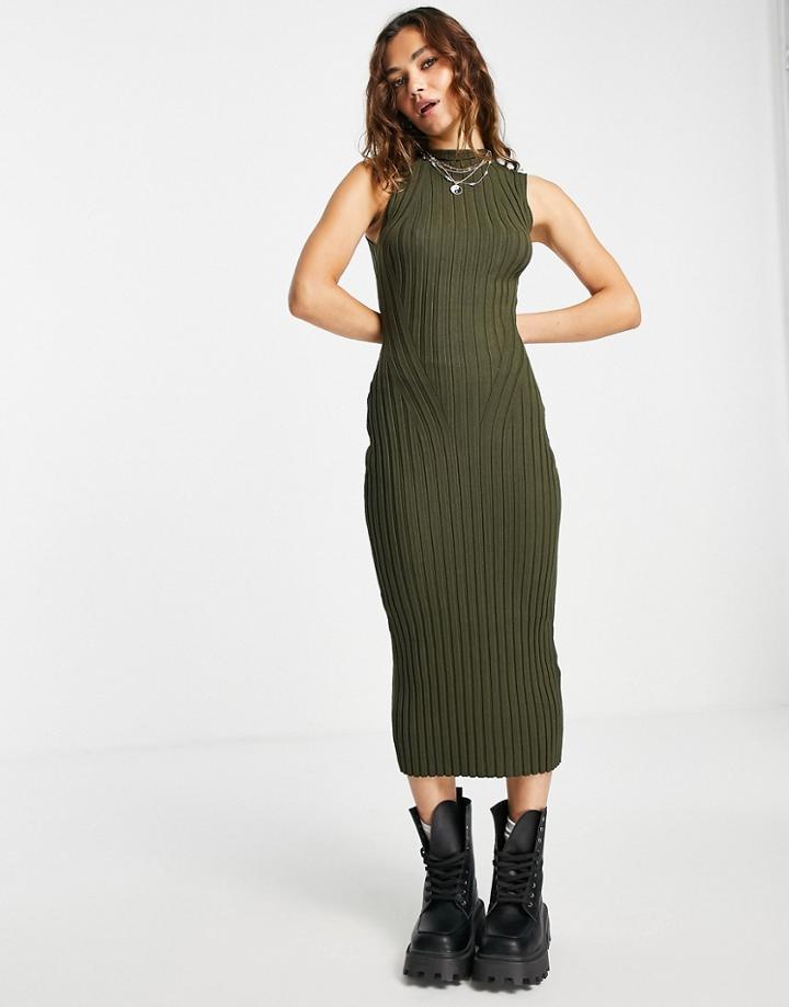 Topshop Knitted Tie Back Midi Dress In Khaki-green