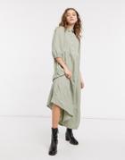 Asos Design Tiered Midi Smock Shirt Dress With Pin Tucks In Khaki-green