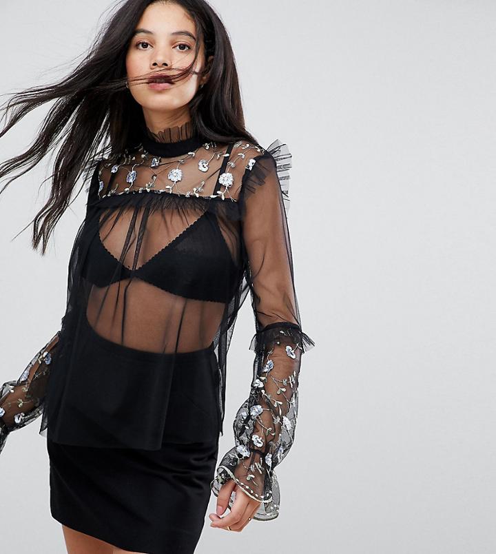 Kiss The Sky Tall Sheer Mesh Trophy Top With Floral Embroidery - Black