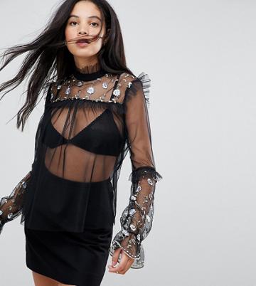 Kiss The Sky Tall Sheer Mesh Trophy Top With Floral Embroidery - Black