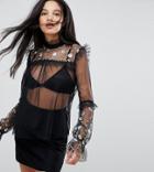 Kiss The Sky Tall Sheer Mesh Trophy Top With Floral Embroidery - Black