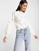 Fashion Union High Neck Cropped Sweater With Floral Embroidery-white