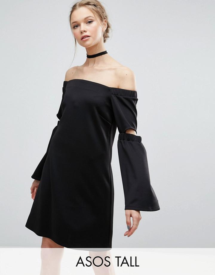 Asos Tall Off Shoulder Split Sleeve Swing Dress In Scuba - Black
