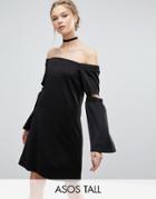 Asos Tall Off Shoulder Split Sleeve Swing Dress In Scuba - Black