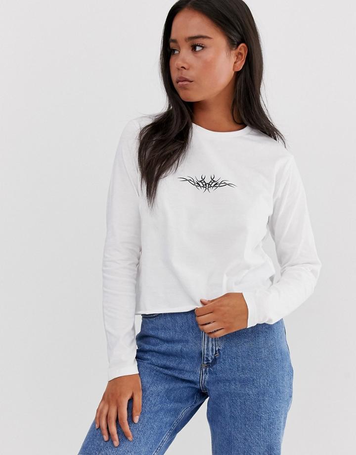 Asos Design Long Sleeve T-shirt With Tribal Print-white