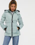 Brave Soul Padded Jacket With Belt In Sage-pink