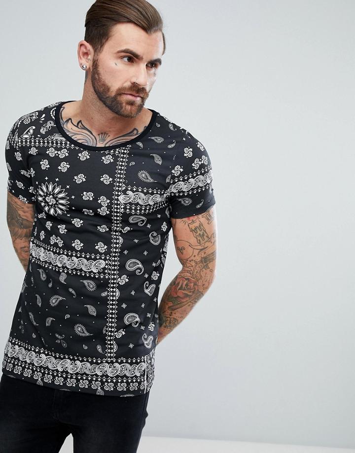 Asos T-shirt With Scoop Neck And All Over Bandana Print - Black