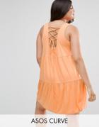Asos Curve Sleeveless Smock Sundress With Lace Up Back - Orange