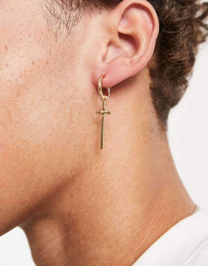 Asos Design Drop Stud And Hoop Cross Earrings In Gold Tone