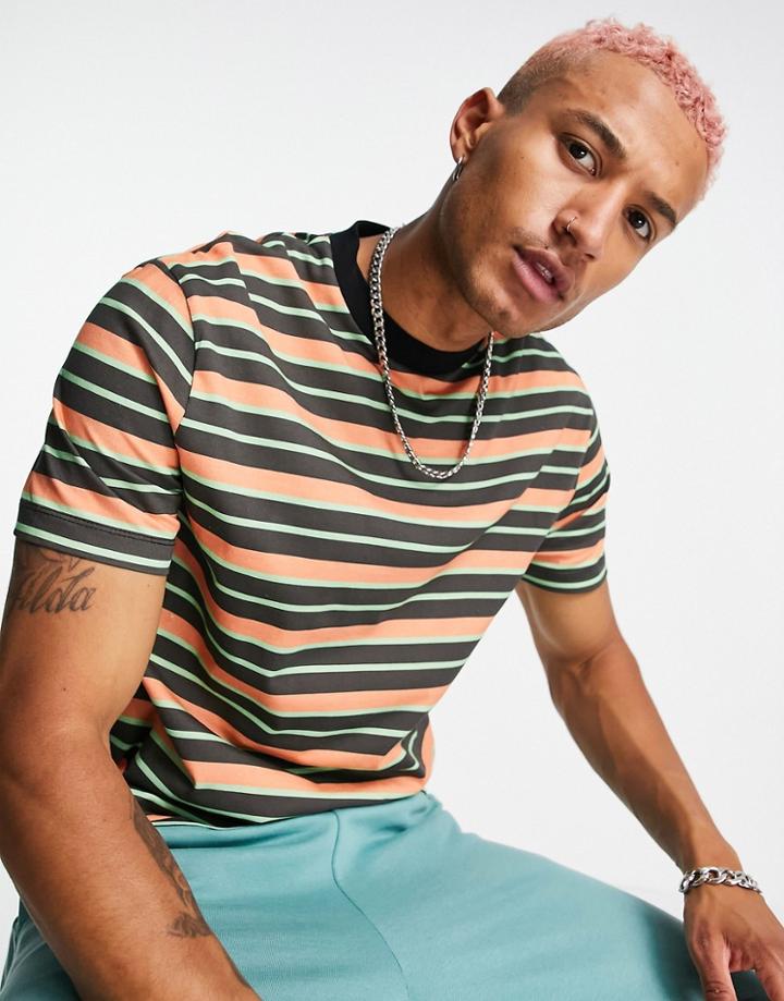 Asos Design Relaxed Stripe T-shirt In Black & Orange Cotton