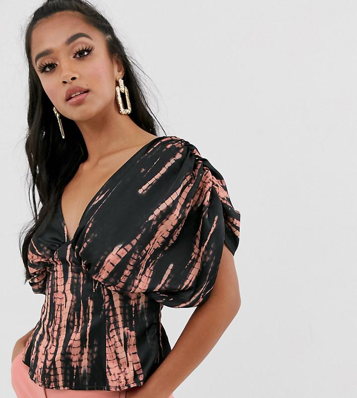 Asos Design Petite V Neck Top With Gauged Sleeve Detail In Tie Dye Print - Multi