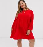Asos Design Curve Long Sleeve Smock Mini Dress-red