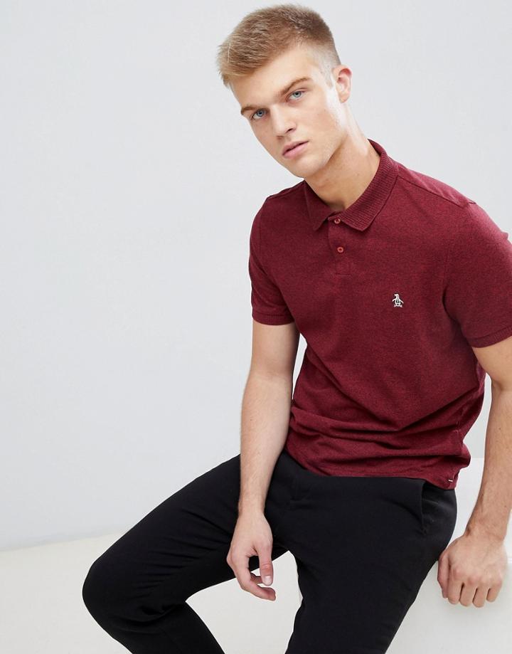 Original Penguin Chunky Rib Mouline Polo Slim Fit Embroidered Logo In Burgundy Marl - Red