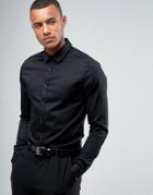Asos Wedding Skinny Fit Sateen Shirt With Turned Back Placket In Black - Black