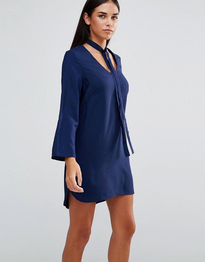 Ax Paris Tie Neck Long Swing Dress - Navy