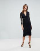 Asos Long Sleeve Lace Midi Pencil Dress-black